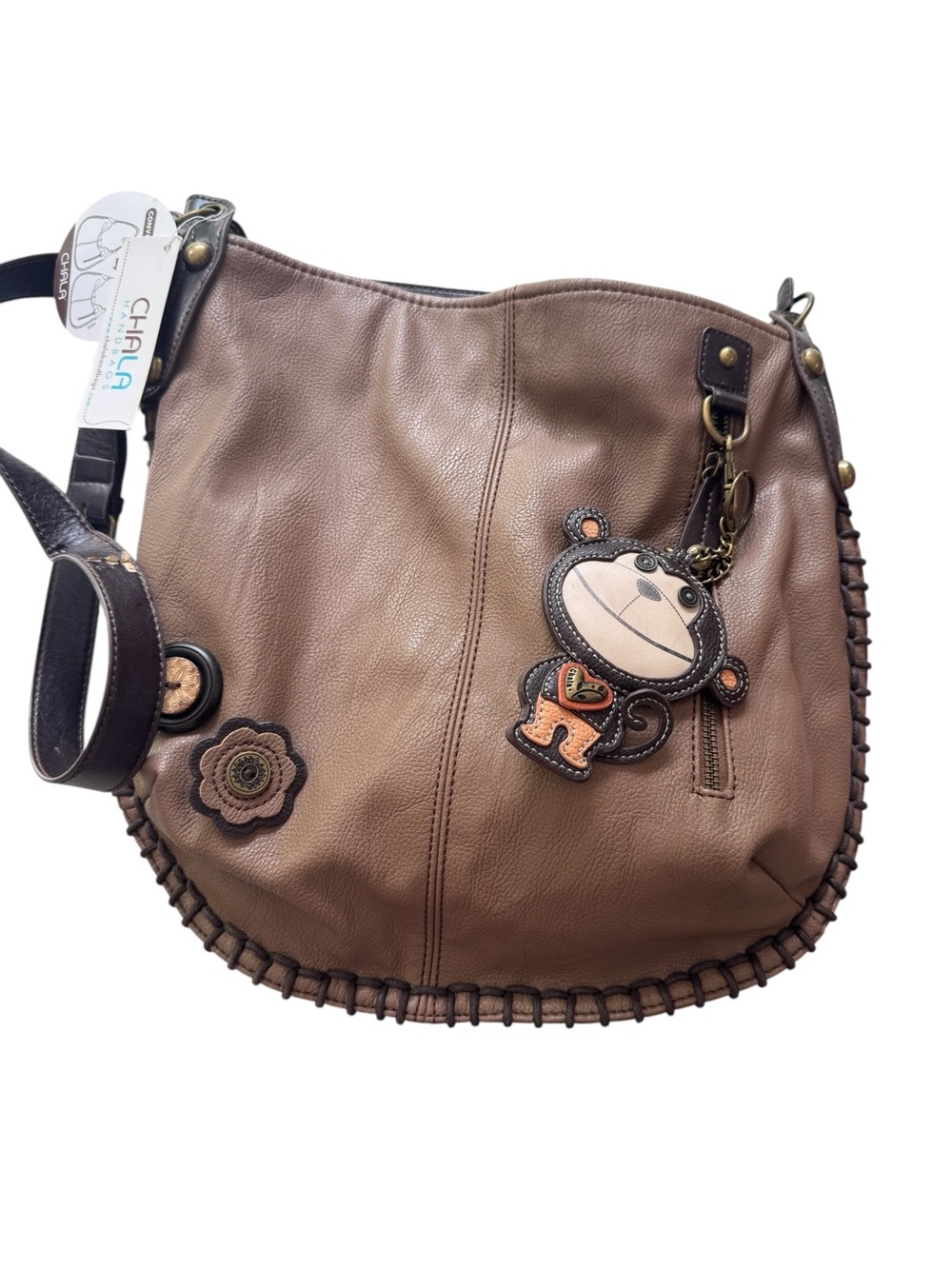 Chala Brown Leather Shoulder Bag with Monkey Charm